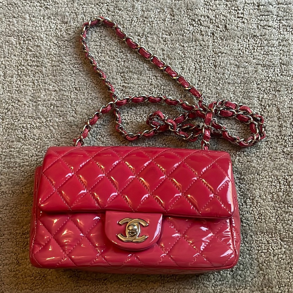 CHANEL Pink Quilted Patent Leather Mini Flap Crossbody Bag